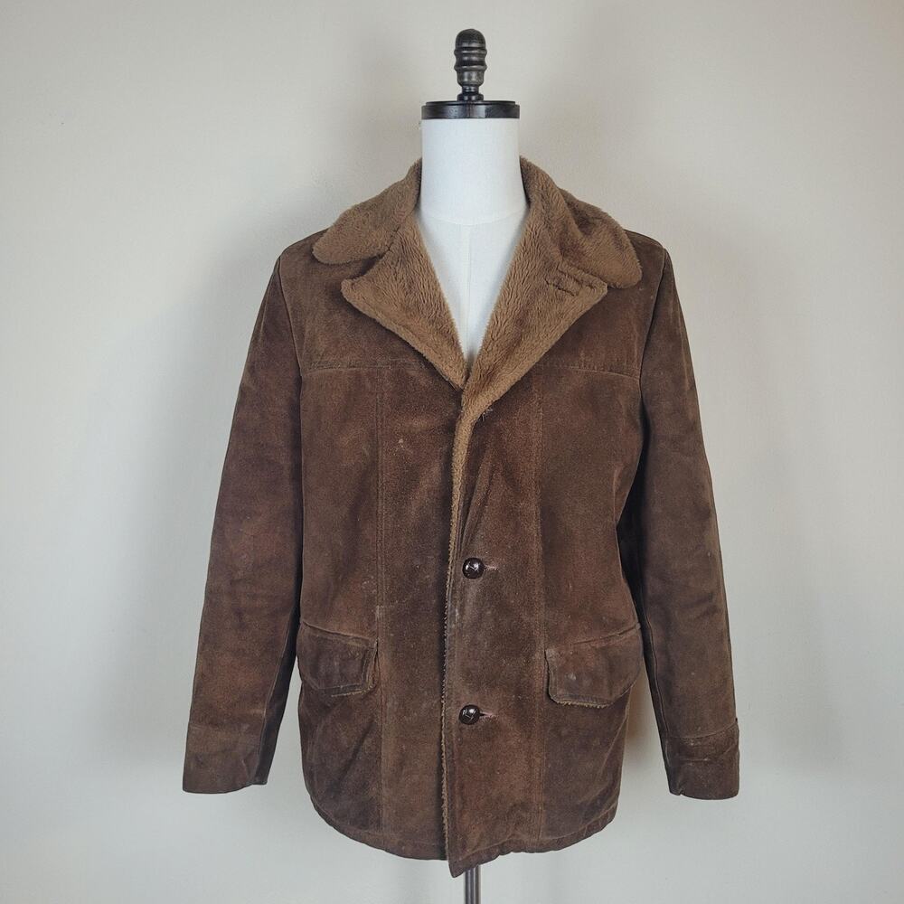 VTG The Leather Shop Coat Medium Brown Suede Lined Western Rancher 70s Cowboy